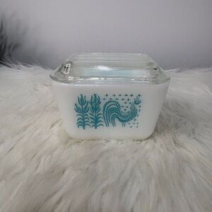 Vintage Pyrex White Milk Glass Amish Butterprint with Teal Rooster